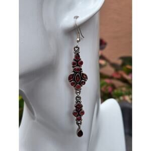 Vintage Faceted Garnet Dangle Earrings in Sterling Silver, 3 inches